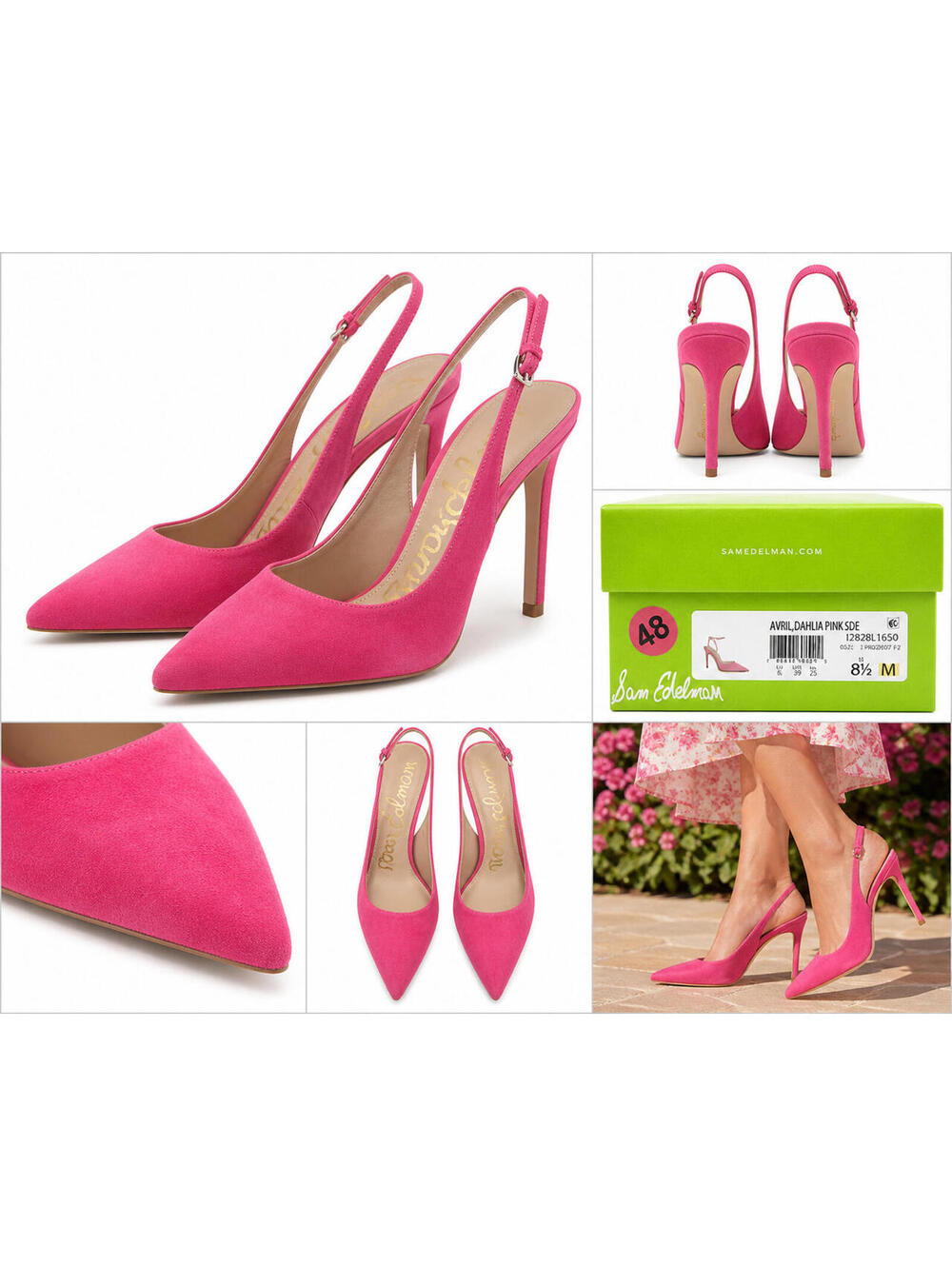 Sam Edelman Avril Slingback Pumps Dahlia Pink Suede Heels Pointed Toe Size 8.5 M